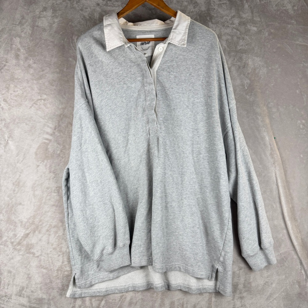Aerie Womens Heather Grey Oversized Long Sleeve Rugby Sweatshirt Collared Top